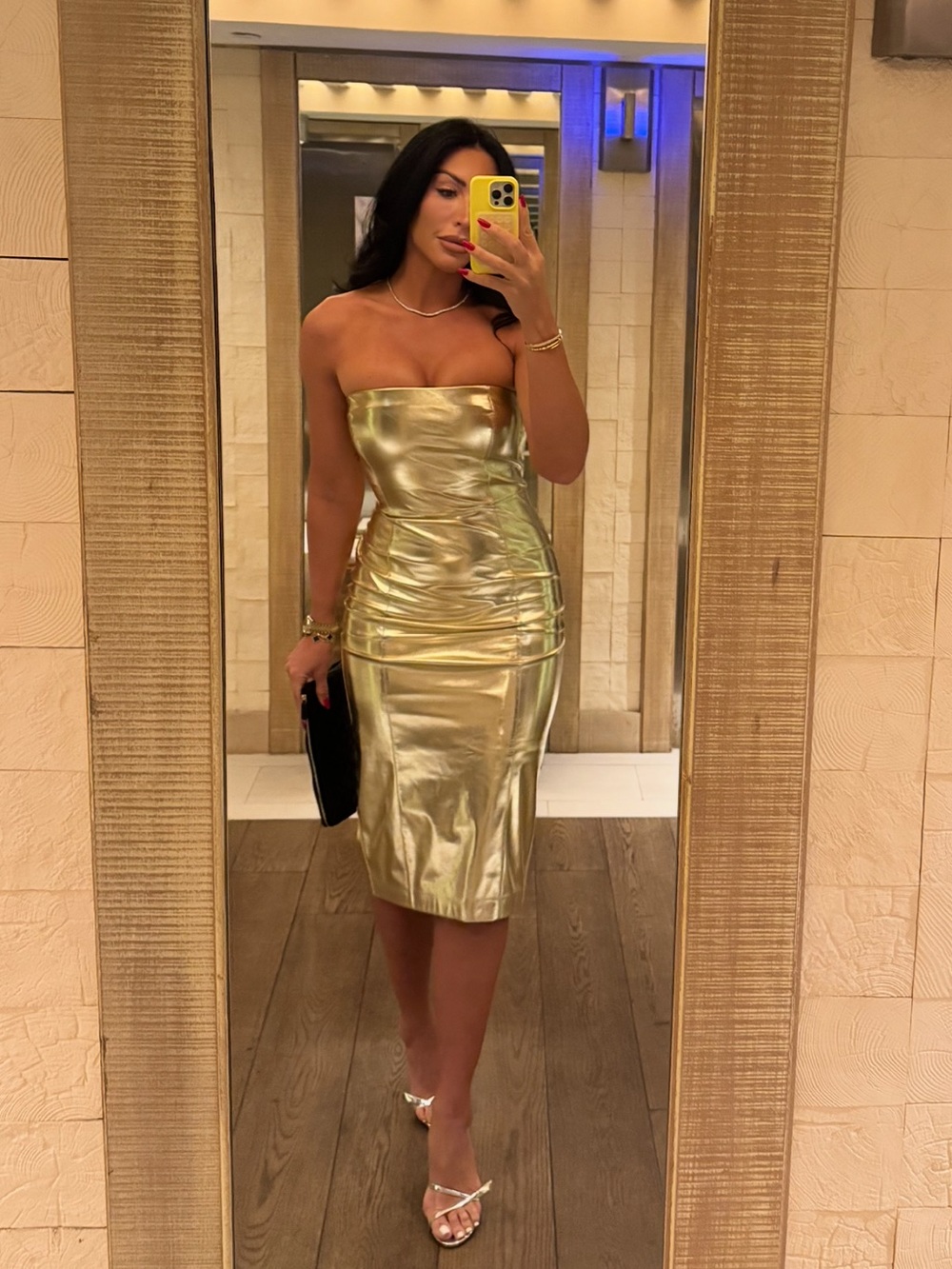 Camila Coelho Metallic Gold Strapless Midi Dress